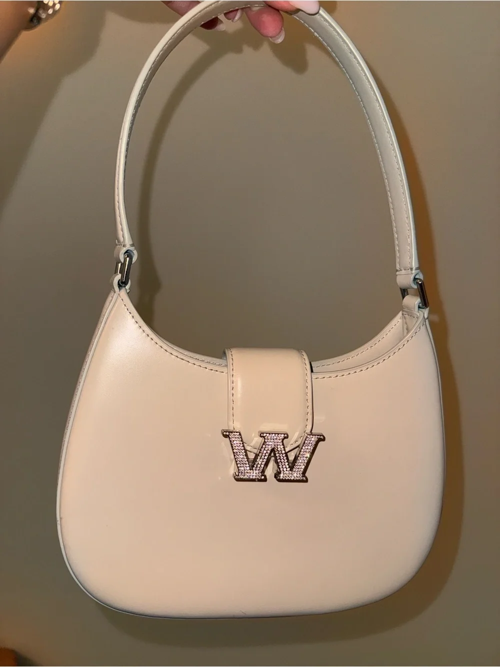 Alexander Wang Cream Patent Shoulder Bag with W Rhinestone Accent